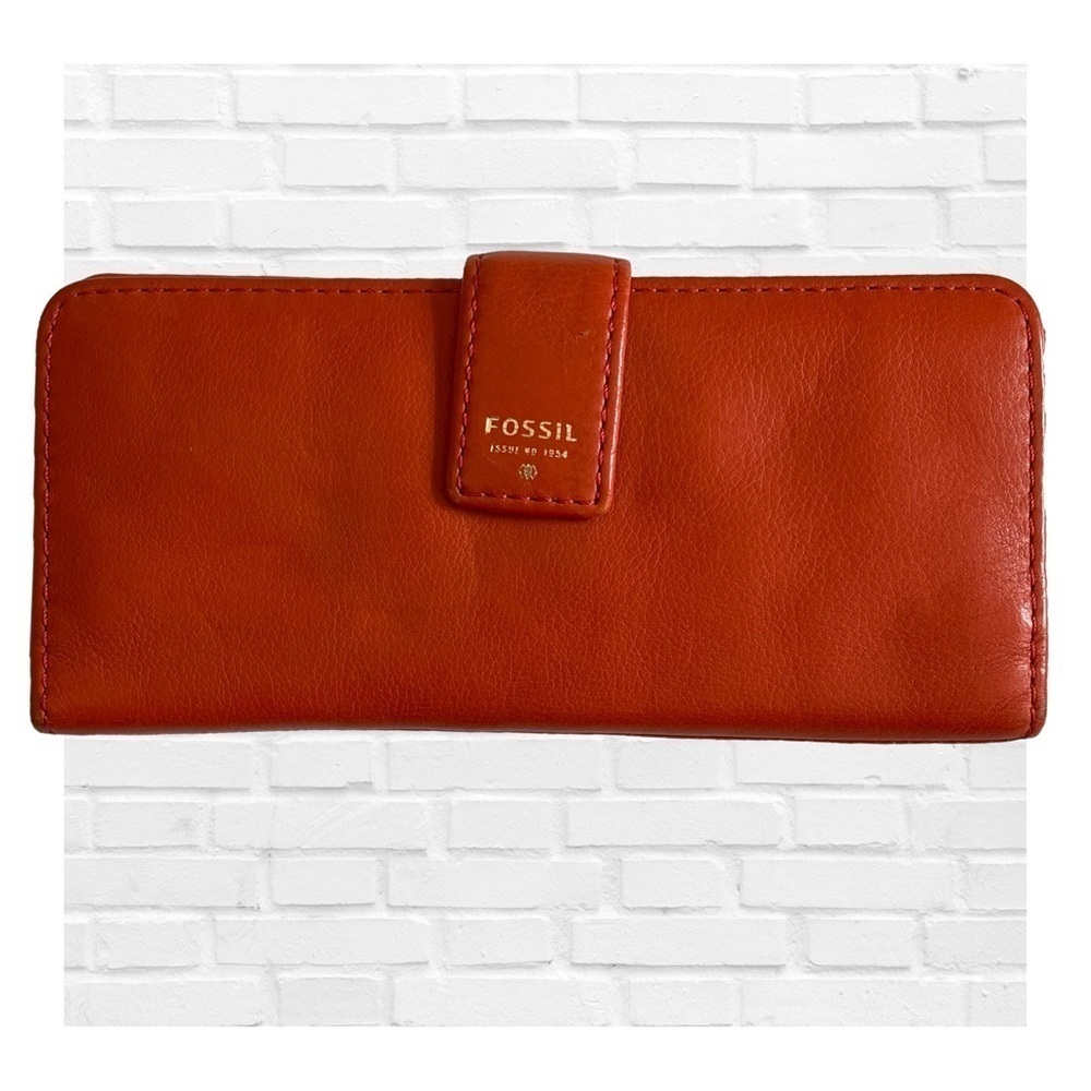 Fossil Orange Cowhide Leather Wallet Bifold Credit Card Zip Compartment Coins